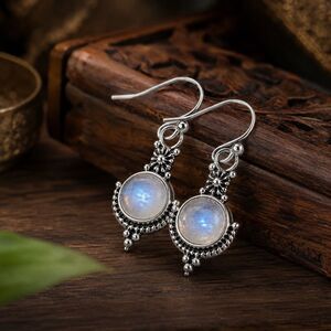 Opaline Bazaar Faux Moonstone Silver Tone Balinese Style Earrings